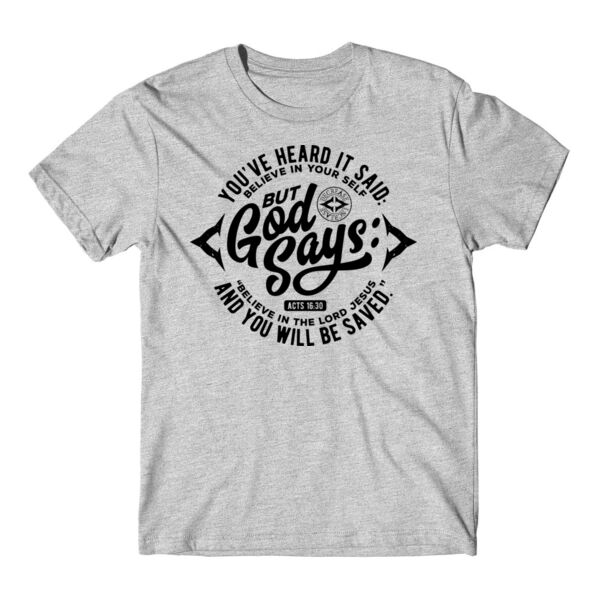 BELIEVE IN THE LORD JESUS - PREMIUM T-SHIRT - LIGHT GREY HEATHER - HTP819 Thumbnail