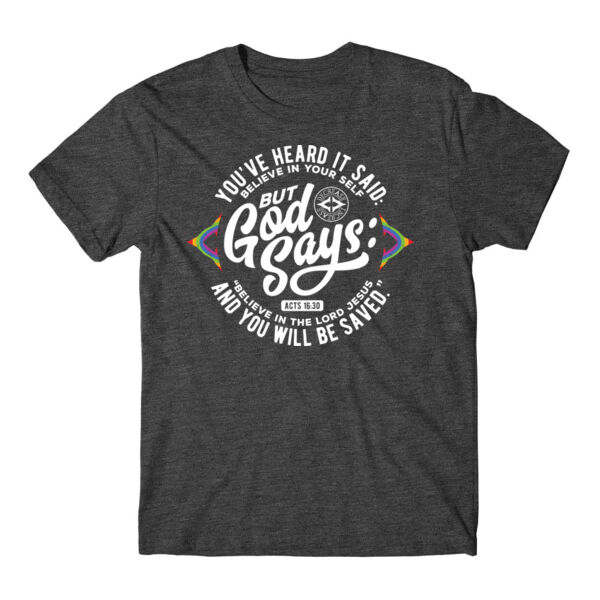 BELIEVE IN THE LORD JESUS - RAINBOW - PREMIUM T-SHIRT - CHARCOAL HEATHER GREY - 7U2E6G Thumbnail
